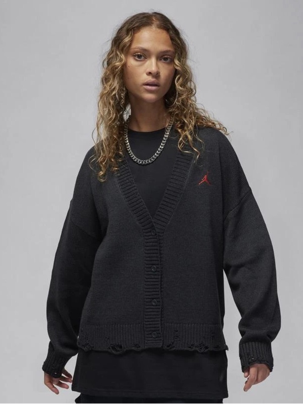 Jordan Womens Black Distressed Cardigan Sweater
